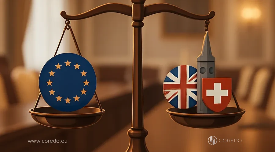 Ilustrace k sekci „AML EU vs UK vs Švýcarsko“ v článku „AML v EU, UK a Švýcarsku – srovnání“