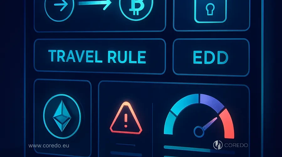 Иллюстрация к разделу «AML криптобизнеса: от Travel Rule до EDD» у статті «Криптобизнес и correspondent banking - где возникают блокировки»