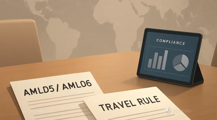 Illustration for the section «Regulatory frameworks: AMLD5/AMLD6, FATF and Travel Rule» in the article «Know Your Transaction - Tools for monitoring blockchain transactions for fintech companies.»
