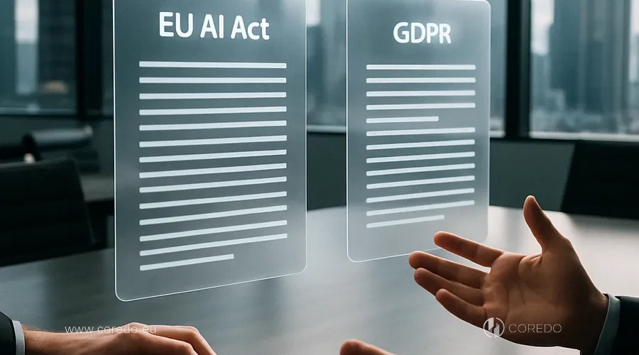 Иллюстрация к разделу «EU AI Act и GDPR: взаимодействие» у статті «Роли provider и deployer в EU AI Act для бизнеса»