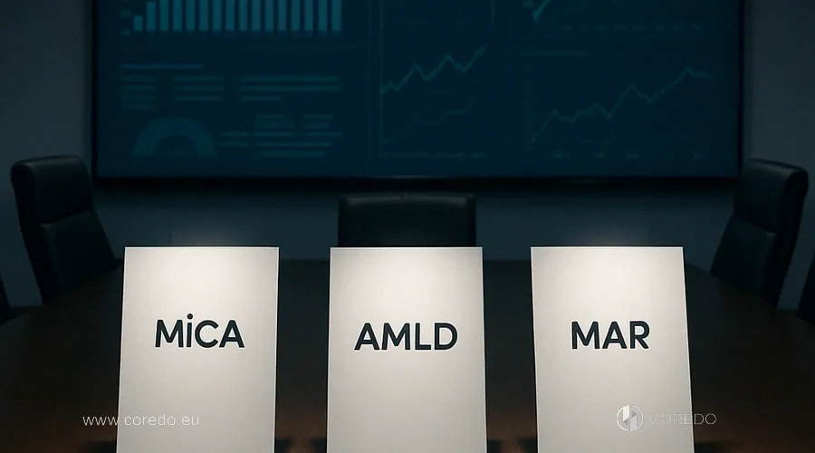 Иллюстрация к разделу «Регуляторный ландшафт MiCA, AMLD, MAR» у статті «Политика листинга токенов- как оформить критерии и не получить претензии»