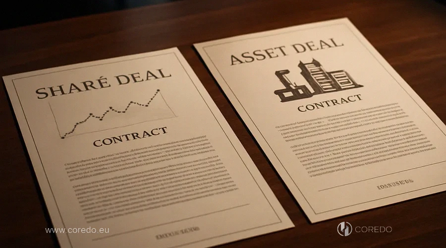 Ilustrace k oddílu „share deal vs asset deal“ v článku „Exit strategie pro investora — právní balení, které zvyšuje cenu“